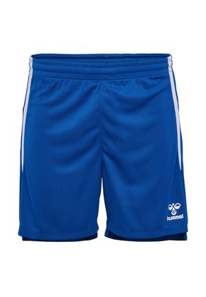 Blauwe sportshorts van lichtgewicht stof met een gestructureerde afwerking; voorzien van witte zijstrepen en een klein merklogo aan de onderkant rechts.