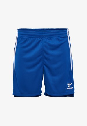 Pantalones cortos deportivos azules hechos de un tejido ligero con un acabado texturizado; cuentan con rayas laterales blancas y un pequeño logo de marca en la parte inferior derecha.