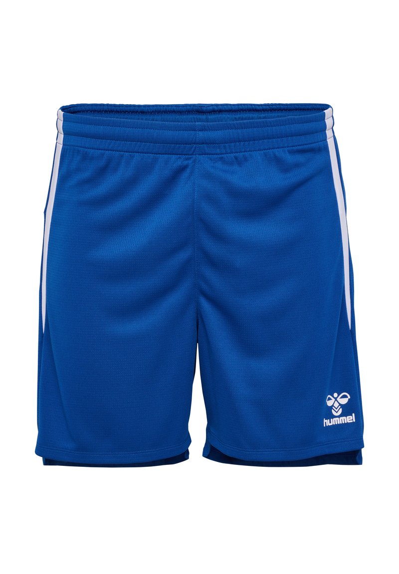 Blå sportshorts i lättviktstyg med en strukturerad yta; har vita sidostan och en liten logotyp i nedersta högra hörnet.