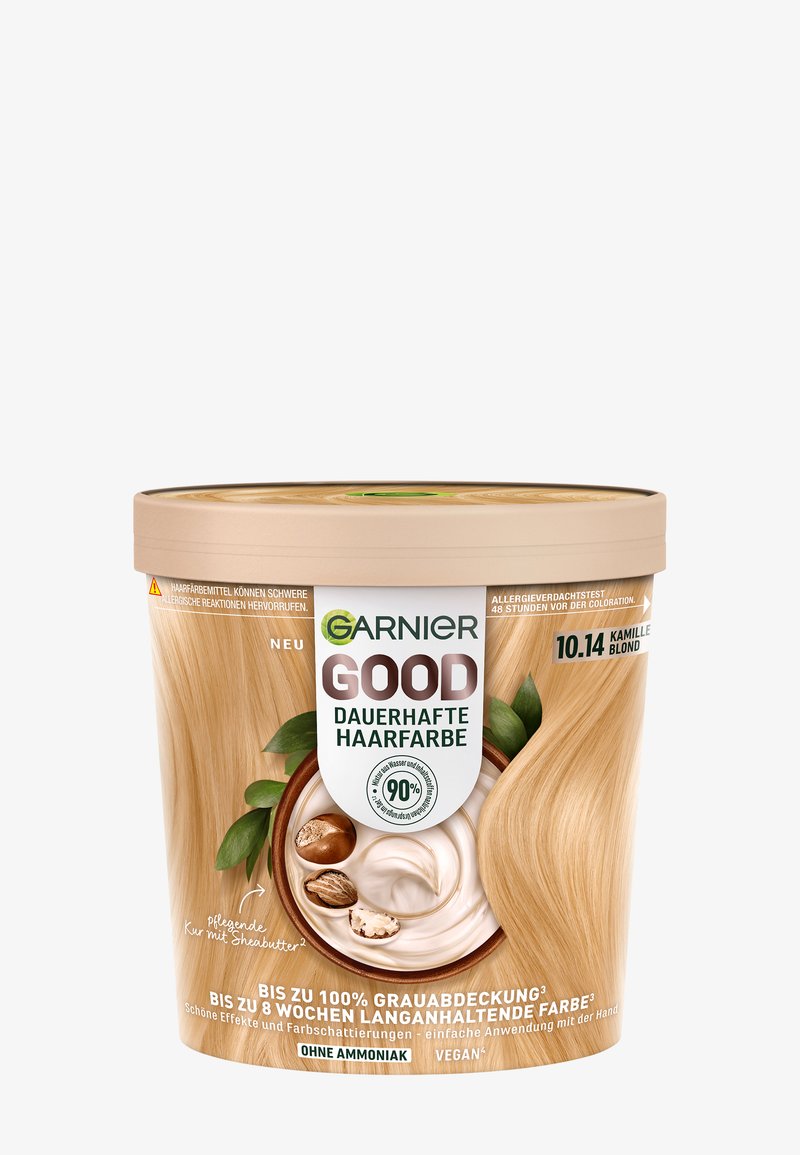 Garnier Good permanent hårfärg i en beige cylindrisk behållare. Har gröna accenter, len textur och visar nyansen 10.14, kamomillblond.