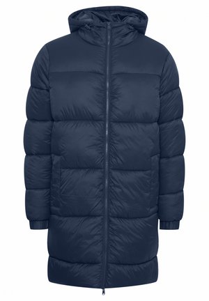 Navyblauwe donsjas met een capuchon, ritssluiting aan de voorkant en elastische manchetten. Bevat gequiltte secties, een gladde textuur en zijzakken.