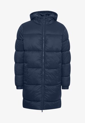 Námornícky modrý puffový kabát s kapucňou, predným zipsom a elastickými manžetami. Obsahuje prešívané sekcie, hladkú textúru a bočné vrecká.