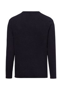 Maglione a maniche lunghe di colore blu navy con scollatura rotonda e lavorazione a maglia texturizzata. Presenta polsini e orlo a coste, enfatizzando un design semplice e pulito.