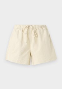 Beige shorts med elastisk midje og snøring, med en avslappet passform og jevn tekstur. Ingen synlige lommer eller mønstre.