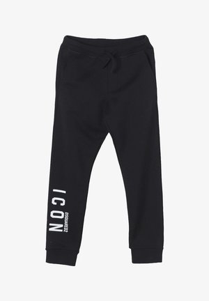 Schwarze Sweatpants aus weichem Stoff, mit einem Kordelzugbund, Seitentaschen und einem weißen "ICON"-Druck entlang des linken Beins.