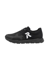Le scarpe da ginnastica nere presentano una tomaia in rete e materiale sintetico con un design testurizzato, lacci rotondi e un logo bianco prominente sul lato.