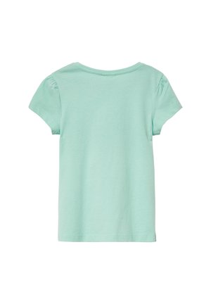 Licht mintgroen katoenen t-shirt met korte, gathered pofmouwen en een ronde halslijn. Glad materiaal en casual pasvorm.