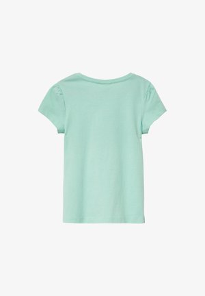 Helles mintgrünes Baumwoll-T-Shirt mit kurzen, gerafften Puffärmeln und rundem Ausschnitt. Weiche Textur und lässige Passform.