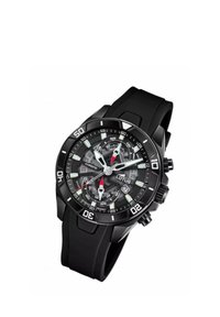 Montre chronographe noire avec un bracelet en silicone, présentant un cadran noir texturé, des accents blancs et rouges prononcés, et des marqueurs d'heure lumineux.