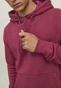 Felpa bordeaux aderente con coulisse regolabili, polsini a costine e tasca frontale. Tessuto morbido con una texture liscia.
