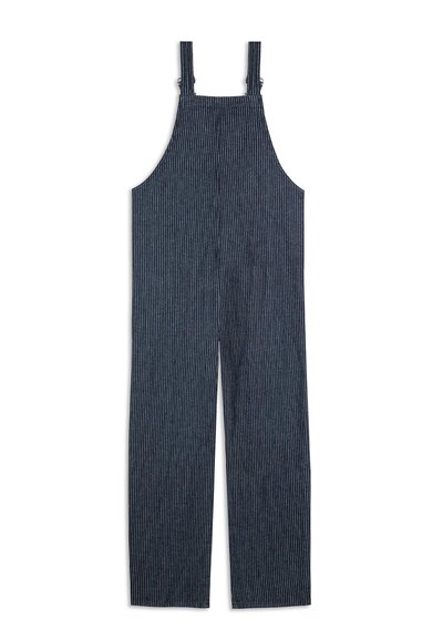 Dark blue striped overalls made of cotton fabric, featuring wide legs, adjustable shoulder straps, and metal clasps.