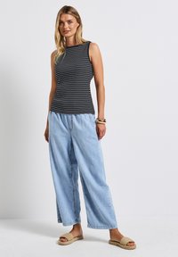 Randig svart- och vitärmadär utan ärmar kombinerad med ljusblå vida denimbyxor och beiga vävda slingback-sandaler. Enkel, avslappnad design.