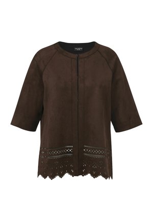 Dunkelbraune Wildlederjacke mit Dreiviertelärmeln, Reißverschluss und lasergefertigtem gezacktem Saumdetail.