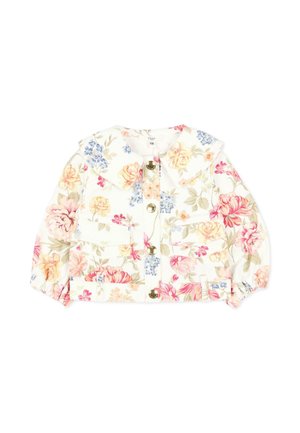 Giacca per bambini con grande colletto, bottoni dorati e stampa floreale in rosa, giallo, blu e verde su tessuto bianco, taglia 6 mesi.