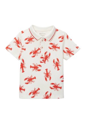 Polo blanc à manches courtes avec col rayé rouge et motif intégral imprimé de homards rouges.