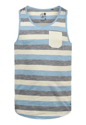 Striped tank top with blue, gray, and cream horizontal stripes. Features a small chest pocket, round neckline, and a curved hem.