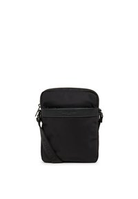 Borsa a tracolla nera in nylon con tracolla in pelle testurizzata, chiusura con zip e tasca frontale. Presenta una tracolla regolabile e un design minimal.