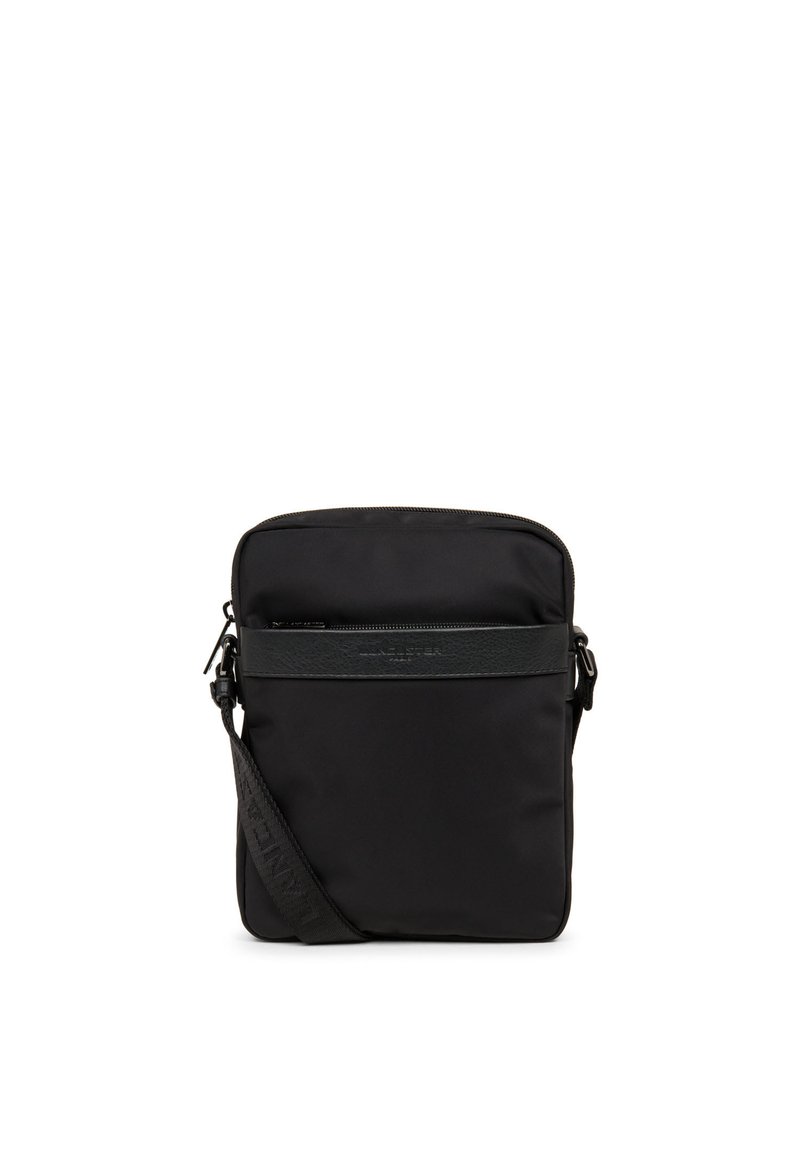 Borsa a tracolla nera in nylon con tracolla in pelle testurizzata, chiusura con zip e tasca frontale. Presenta una tracolla regolabile e un design minimal.