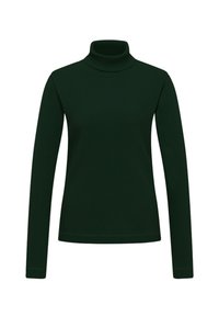 Dunkelgrüner, gerippter, langärmliger Rollkragenpullover mit enganliegender Silhouette und hohem Kragen, auf einem weißen Hintergrund präsentiert.