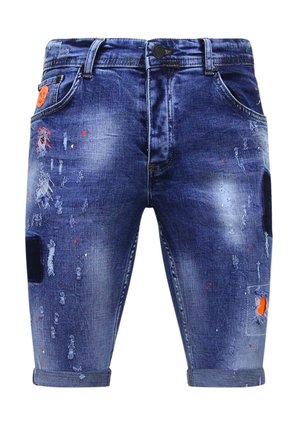 Denim shorts met een versleten blauwe wassing, voorzien van oranje accenten en vervagingen. Omgeslagen zoom en vijf-pocket ontwerp.