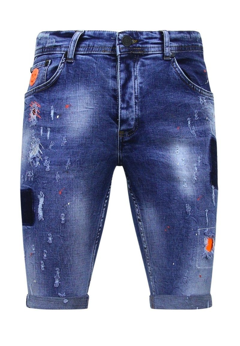Denim shorts met een versleten blauwe wassing, voorzien van oranje accenten en vervagingen. Omgeslagen zoom en vijf-pocket ontwerp.