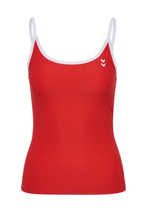 Rode tanktop met witte bandjes, met een figuuraccentuerend ontwerp en logo detail op de linker borst. Gladde textuur, sportieve stijl.