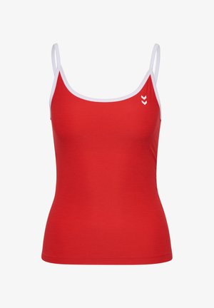 Rode tanktop met witte bandjes, met een figuuraccentuerend ontwerp en logo detail op de linker borst. Gladde textuur, sportieve stijl.