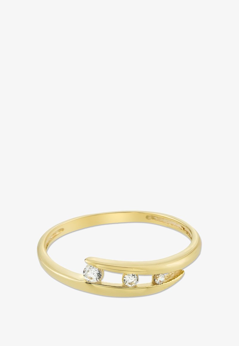 Bague en or avec un bandeau lisse, mettant en valeur trois pierres rondes et translucides disposées horizontalement, soulignant un design épuré et moderne.