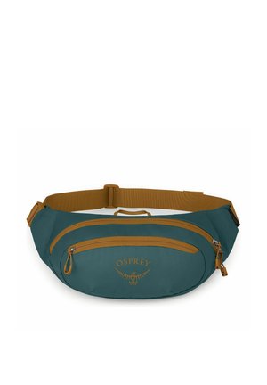 Marsupio Osprey turchese e marrone con due scomparti con cerniera e tracolla regolabile per trasporto a mani libere.