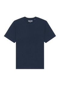 T-shirt en coton bleu marine à manches courtes, col rond et design simple. L'étiquette indique "MIRA PARIS" à l'intérieur du cou.