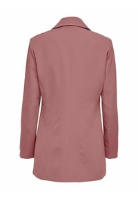 Veste blazer rose poudré pour femme, manches longues, coupe ajustée et col cranté, vue de dos sur fond blanc.