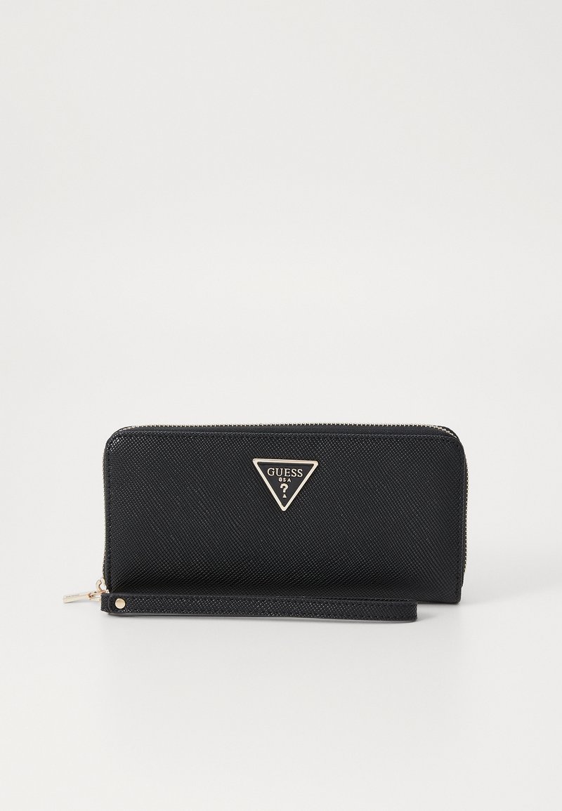 Black zip-around wallet with textured surface, gold triangular logo, and wrist strap. Features smooth hardware and a compact design.