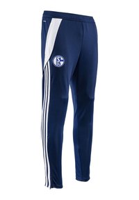 Marineblauwe sportbroek met witte zijstrepen, aansluitend model, elastische tailleband en een logo op de linker dij. Gladde stoftextuur.