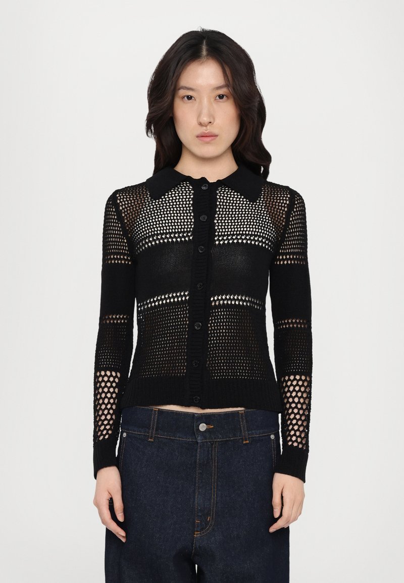 Black knit cardigan featuring a button-front design, detailed with mesh patterns and a classic collar. Textured sleeves and hem.