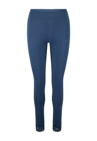 Leggings blu navy realizzati in tessuto elastico con una superficie liscia, caratterizzati da un bordo in pizzo alla caviglia per un tocco di dettaglio in più.