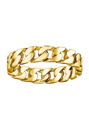 Bracelet chaîne en or poli avec des maillons plats épais et entrelacés formant un anneau continu sur fond blanc.