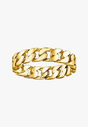 Poliertes Goldkettchen-Armband mit dicken, ineinandergreifenden flachen Gliedern, die eine durchgehende Schleife auf weißem Hintergrund bilden.