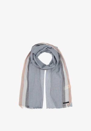 Leichter, mehrfarbiger Schal mit grauen, weißen und pfirsichfarbenen Streifen; hat eine weiche Textur und fransige Kanten; mit einem schwarzen Etikett gekennzeichnet.