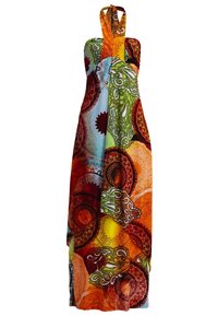 Robe longue dos nu avec des motifs circulaires et paisley multicolores vibrants dans des tons orange, rouge, vert, bleu et jaune.