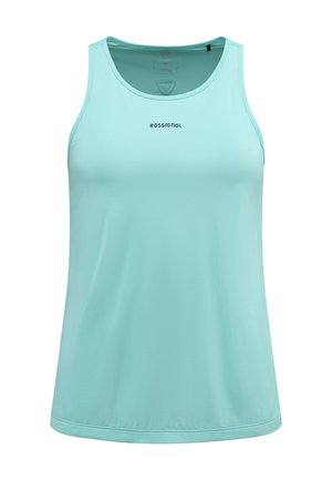 Vaaleansininen urheilullinen toppi, joka on valmistettu sileästä ja kevyestä materiaalista. Sisältää pyöreän kaula-aukon ja pienen logon painettuna etuosaan.