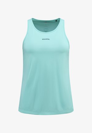 Vaaleansininen urheilullinen toppi, joka on valmistettu sileästä ja kevyestä materiaalista. Sisältää pyöreän kaula-aukon ja pienen logon painettuna etuosaan.