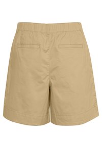 Shorts en coton beige avec une taille élastique, dotés de deux poches arrière et d'une coupe droite, texture lisse, sans motifs visibles.