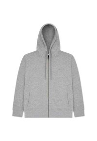 Szara bluza z kapturem zapinana na zamek, wykonana z miękkiego materiału, z kapturem na sznurku, długimi rękawami i dwiema przednimi kieszeniami. Prosty, casualowy design.