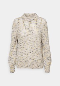 Lichte gebreide trui met lange mouwen, hoge ronde hals, gestreept patroon in grijs, geel en wit, en geribbelde manchetten en zoom.