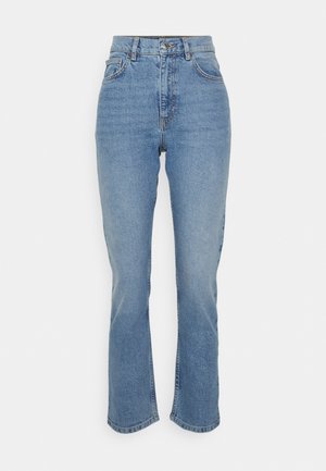 Lys blå denim straight-leg jeans med høy midje, standard fem-lommelysdesign og rå kantfinish for et avslappet utseende.