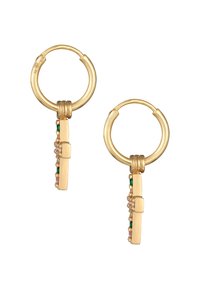 Guldörhängen med en linjär droppdesign, prydda med flerfärgade pärlor och dekorationer. Slät, polerad yta med en modern form.