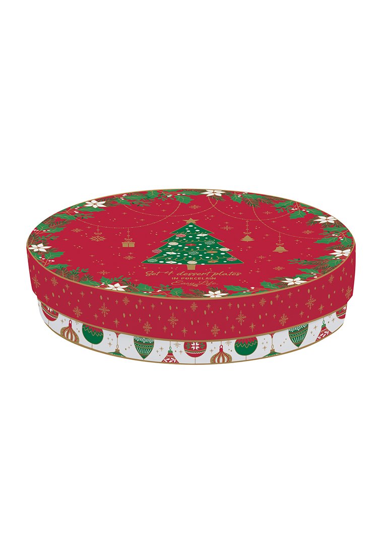 Scatola regalo rossa e rotonda con un design di albero di Natale verde, decorata con fiori bianchi e accenti dorati, caratterizzata da una base bianca decorata con motivi e ornamenti.