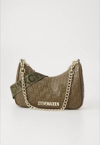 Olive green handbag with embossed logo pattern, gold-tone hardware, detachable chain and fabric strap. Features a curved silhouette and logo detailing.