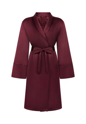 Burgundy satin robe with a belted waist, shawl collar, and long, wide sleeves. Smooth texture and knee-length hem with contrasting cuffs.
