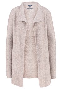 Beżowy kardigan z mieszanki wełny o miękkiej, teksturowanej powierzchni, z rozpiętym przodem i wyciętym kołnierzem. Długie, luźne rękawy bez zapięć.